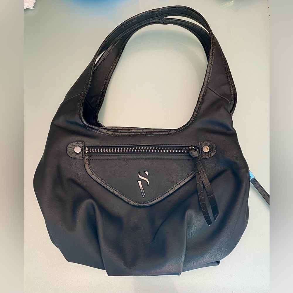 Simply Vera~ Vera Wang Boho Shoulder Bag Black with faux Snakeskin Details